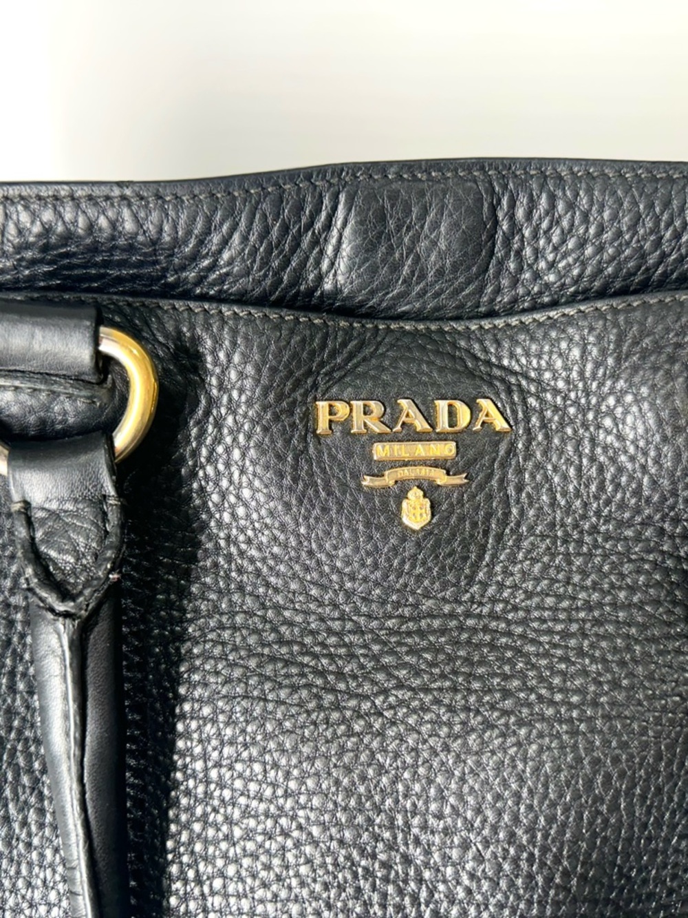 Authentic Prada Pebbled Leather Shoulder Tote Classic Black Gold Hardwear - Picture 4 of 16